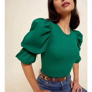 Nation LTD  Kenzie Flounce Tee in Emerald Green Pima Cotton  V Neck Sz XS